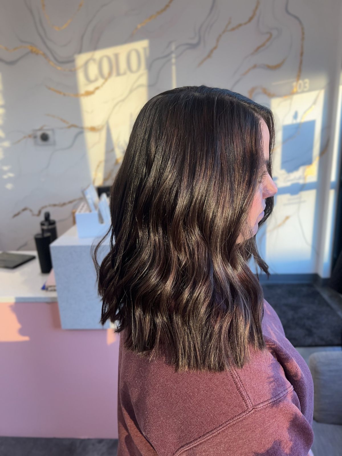 Brunette balayage hair color by Hair by Drew in Coeur d'Alene, Idaho